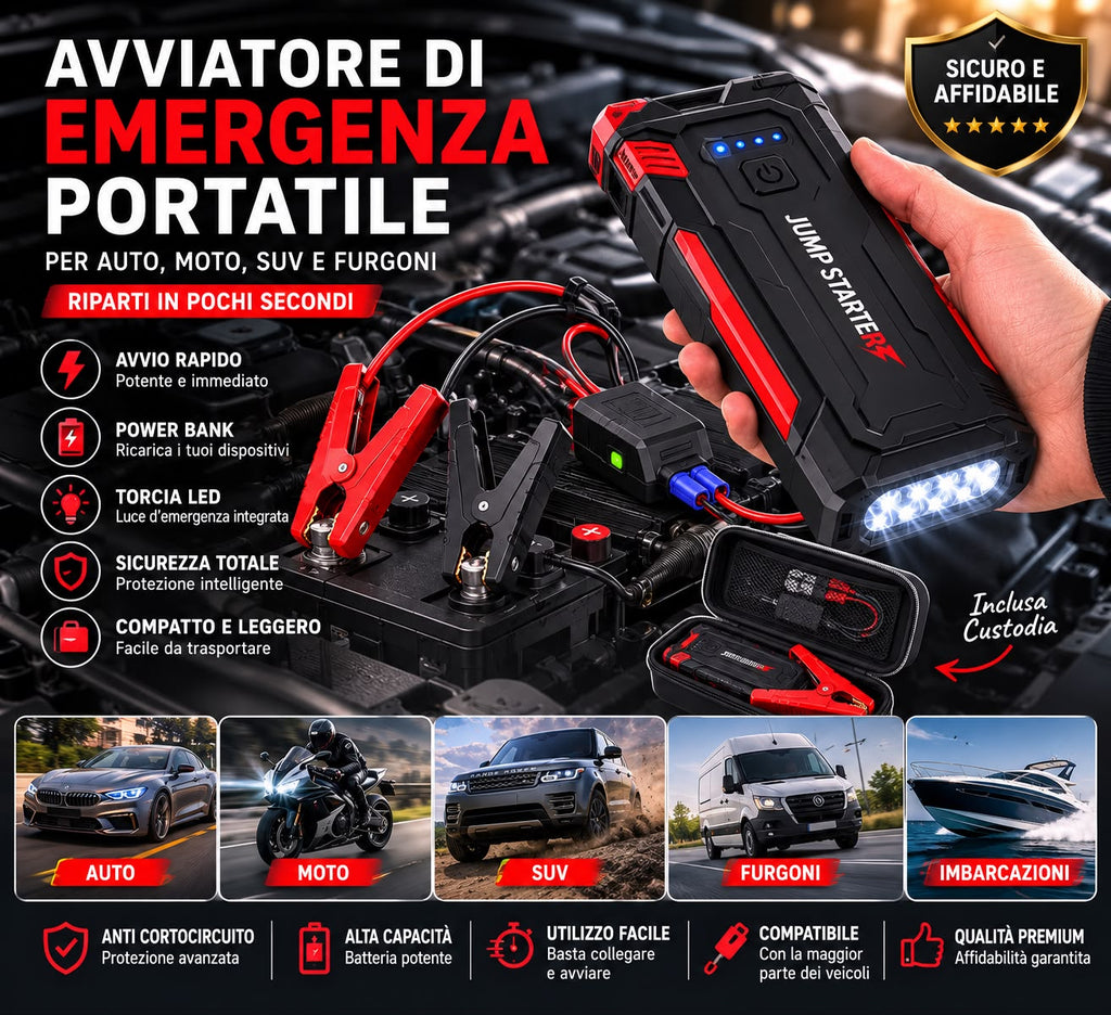 Avviatore di Emergenza Portatile per Auto con Power Bank – Universale
