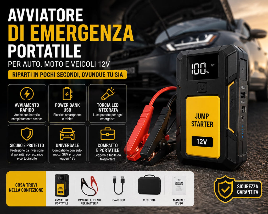 Avviatore di Emergenza Portatile per Auto con Power Bank – Universale