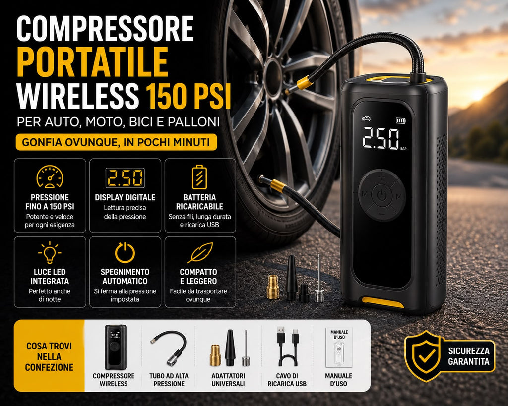 Compressore Portatile Wireless 150 PSI per Auto, Moto, Bici e Palloni
