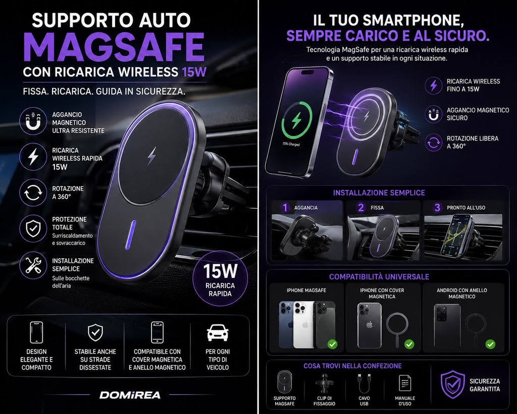 Supporto Auto Magnetico MagSafe con Ricarica Wireless 15W
