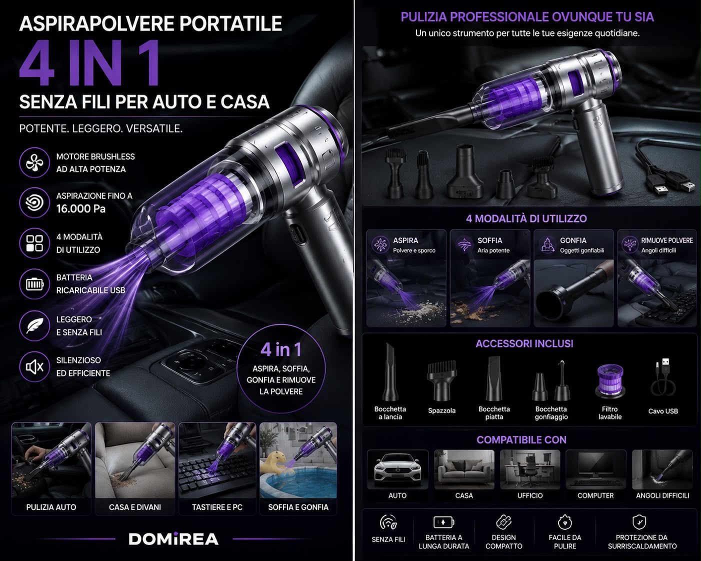 Aspirapolvere Portatile 4 in 1 Senza Fili per Auto e Casa